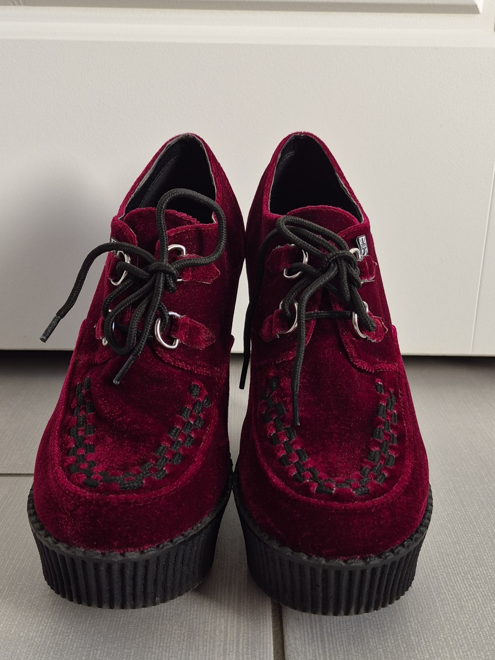T.U.K Burgundy Velvet Platform Lace-Up Creepers